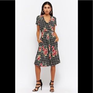 Grid Floral Surplice Dress